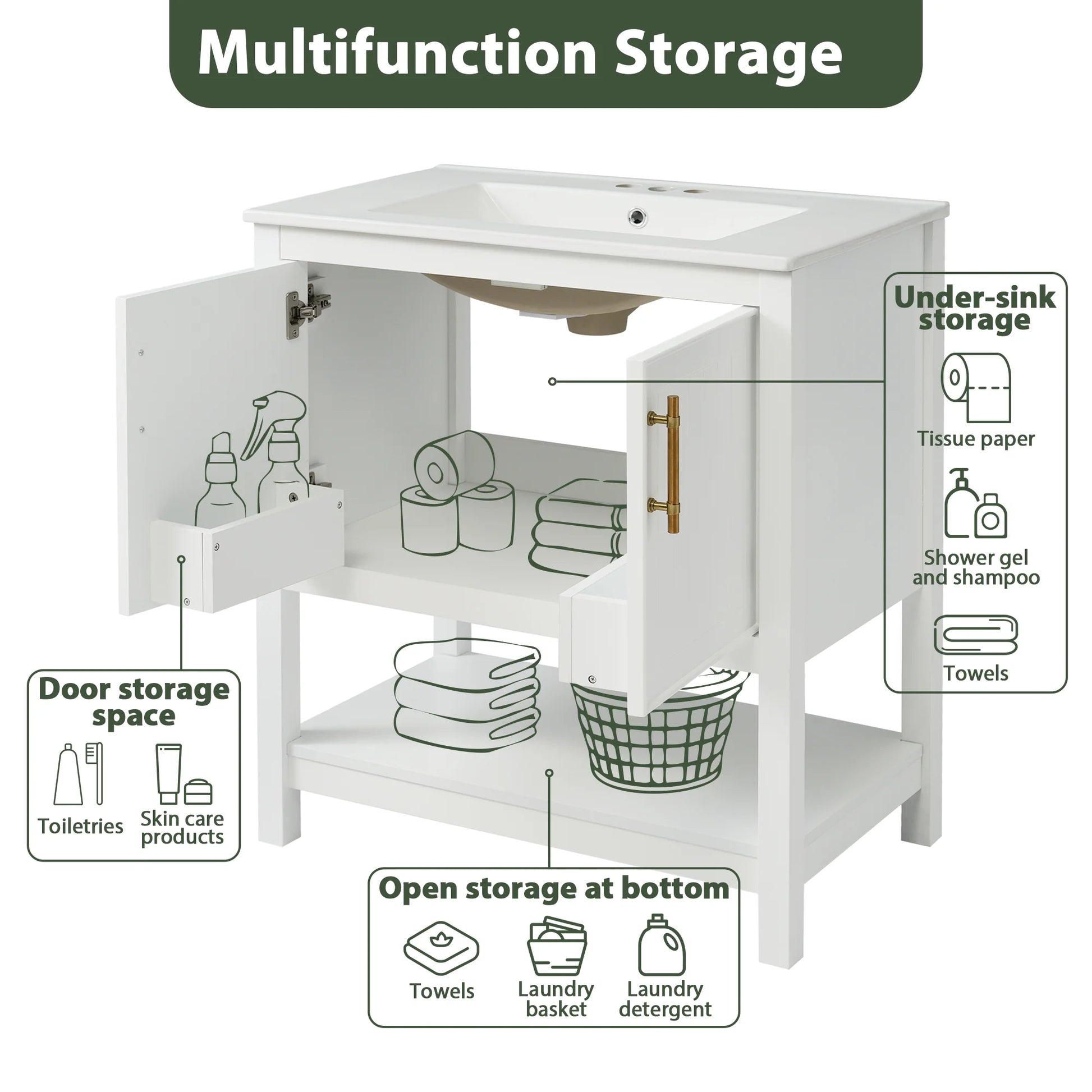 30-Inch White Bathroom Vanity with Ceramic Sink and Versatile Storage - Ideal for Small Bathrooms, White