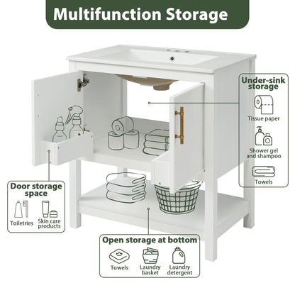 30-Inch White Bathroom Vanity with Ceramic Sink and Versatile Storage - Ideal for Small Bathrooms, White