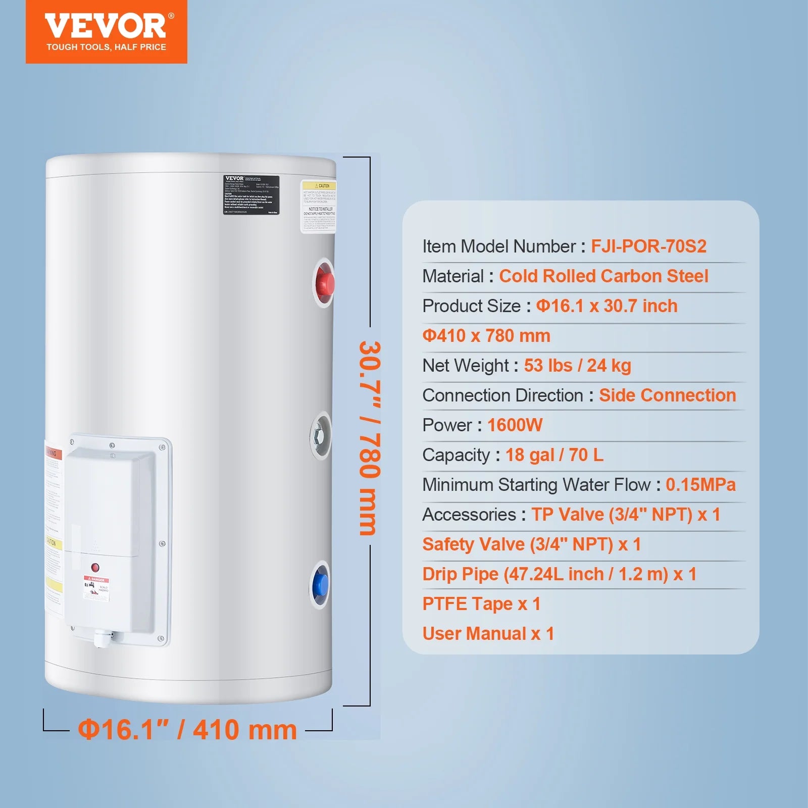 VEVOR Electric Water Heater, 18 Gallon Tank Instant Hot Water Heater, 1.6Kw Tankless Water Heater w/ LED Display,Knob Control, IPX4 Waterproof Side Connection On Demand Heaters for Shower, Bath