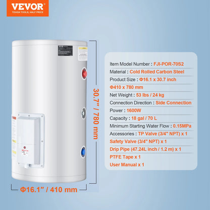 VEVOR Electric Water Heater, 18 Gallon Tank Instant Hot Water Heater, 1.6Kw Tankless Water Heater w/ LED Display,Knob Control, IPX4 Waterproof Side Connection On Demand Heaters for Shower, Bath