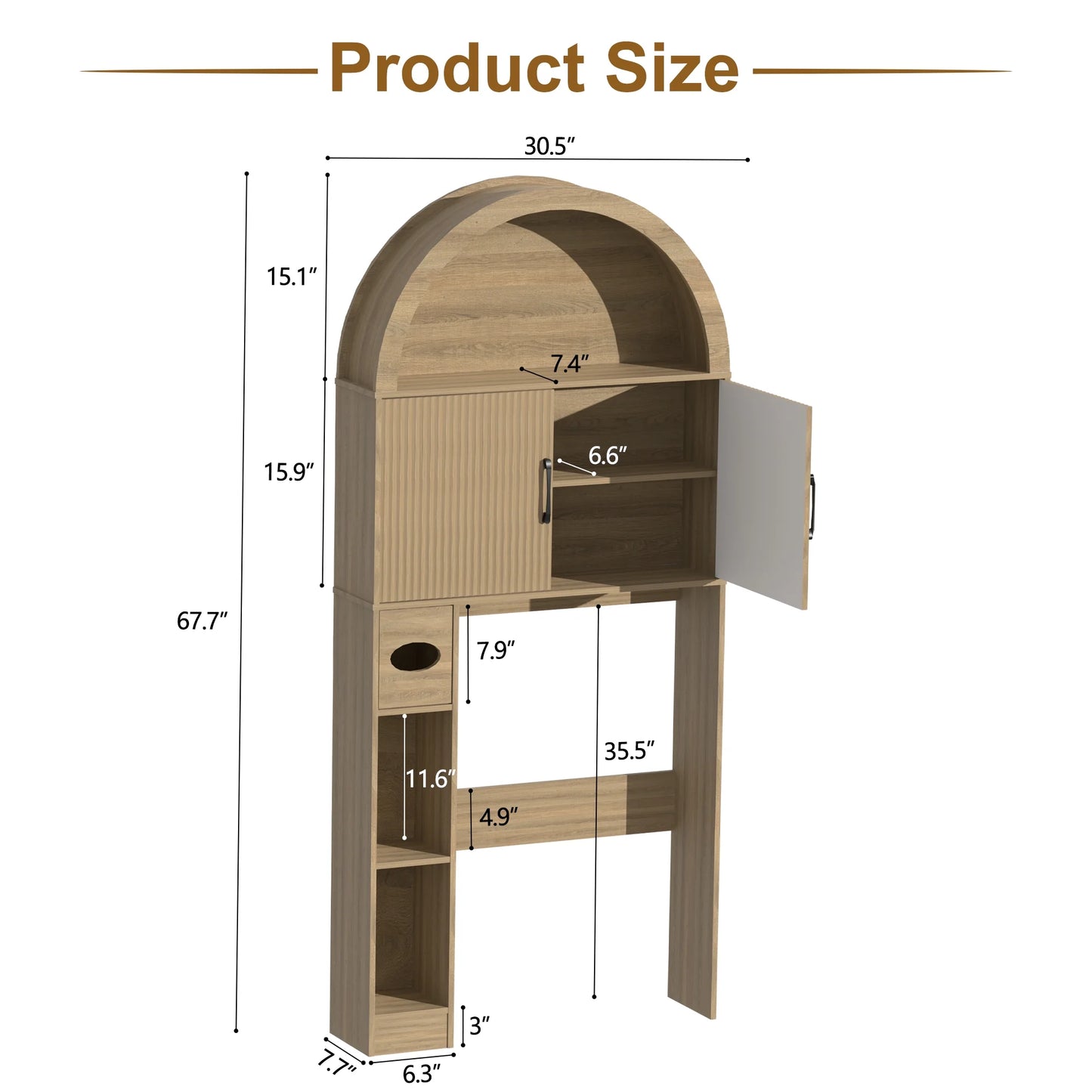 HARIPUL Over The Toilet Storage Cabinet w/ Unique Wood Grain & Arc Design, Freestanding Bathroom Shelf Organizer Space Saver w/ Doors & Anti-Tip Device, Wood Color