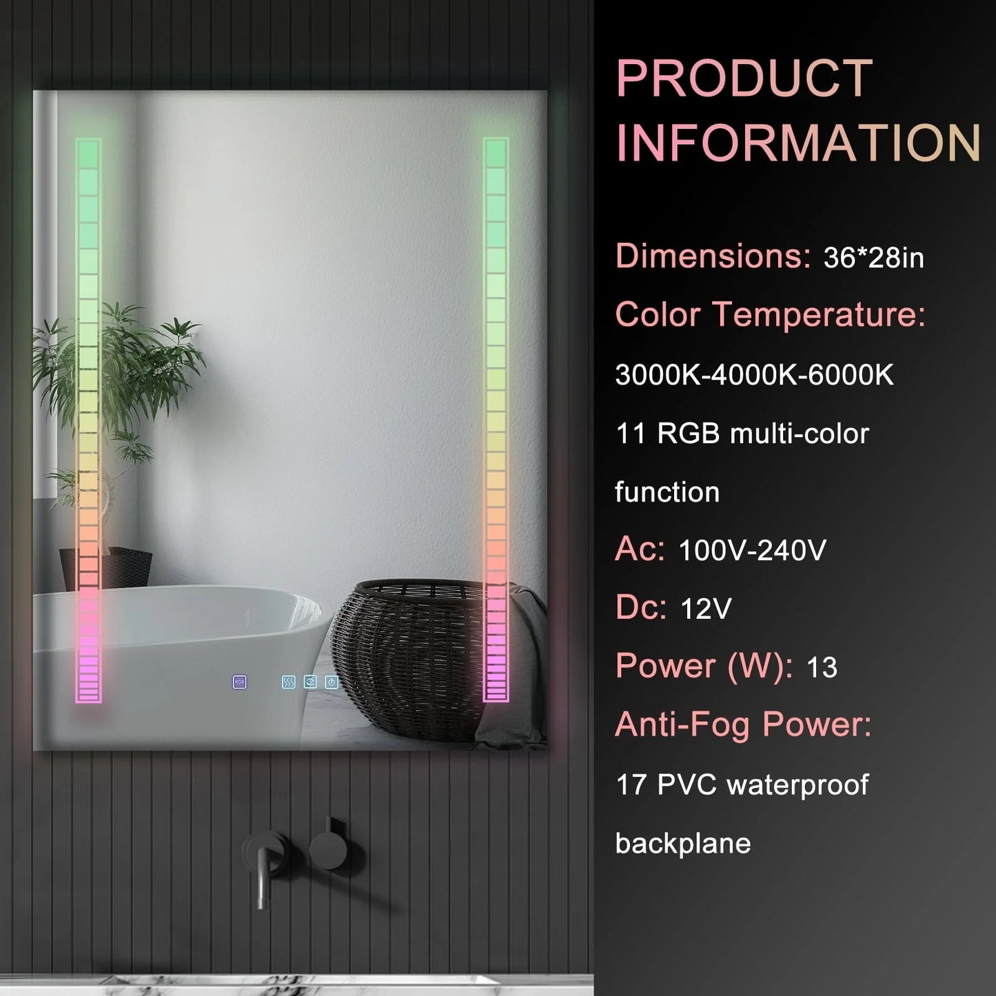 Ktaxon RGB LED Bathroom Mirror, Wall-Mounted Vanity Mirror with Lights, Wall Mirror Hanging Mirror with Anti-Fog Dimmable, Power-Off Memory, 36"x28" Silver