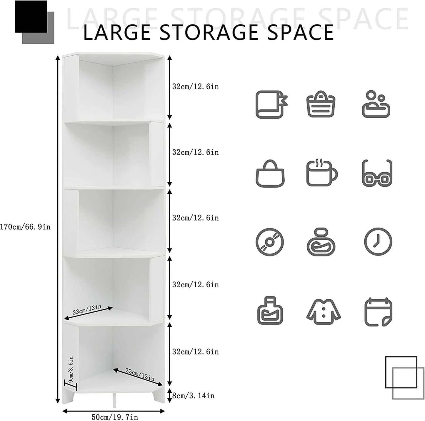 Bookshelf Corner Shelf Bookcase, Wooden 5-Tier Book Shelves Display Cabinet For Living Room,Bedroom,Bathroom, White
