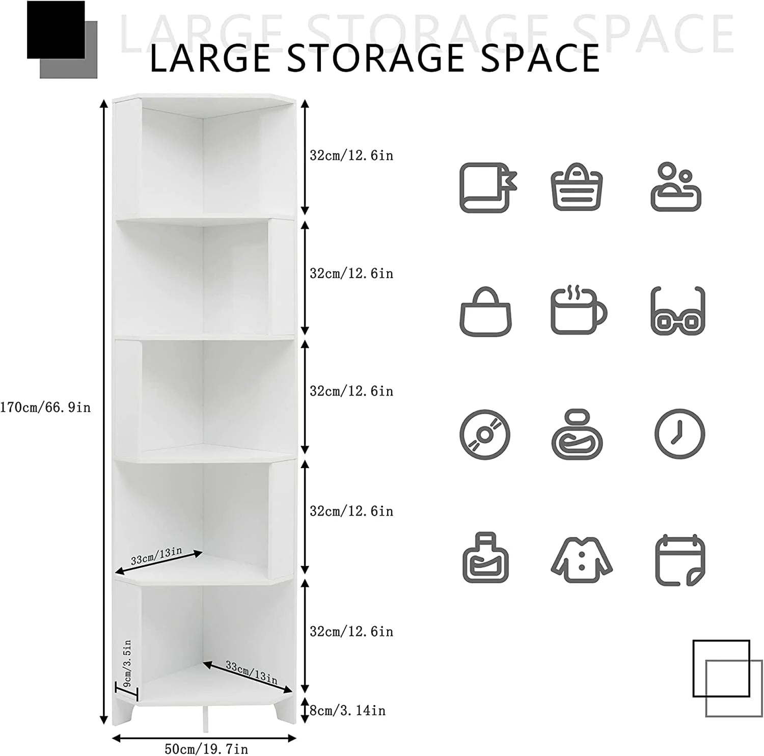 Bookshelf Corner Shelf Bookcase, Wooden 5-Tier Book Shelves Display Cabinet For Living Room,Bedroom,Bathroom, White