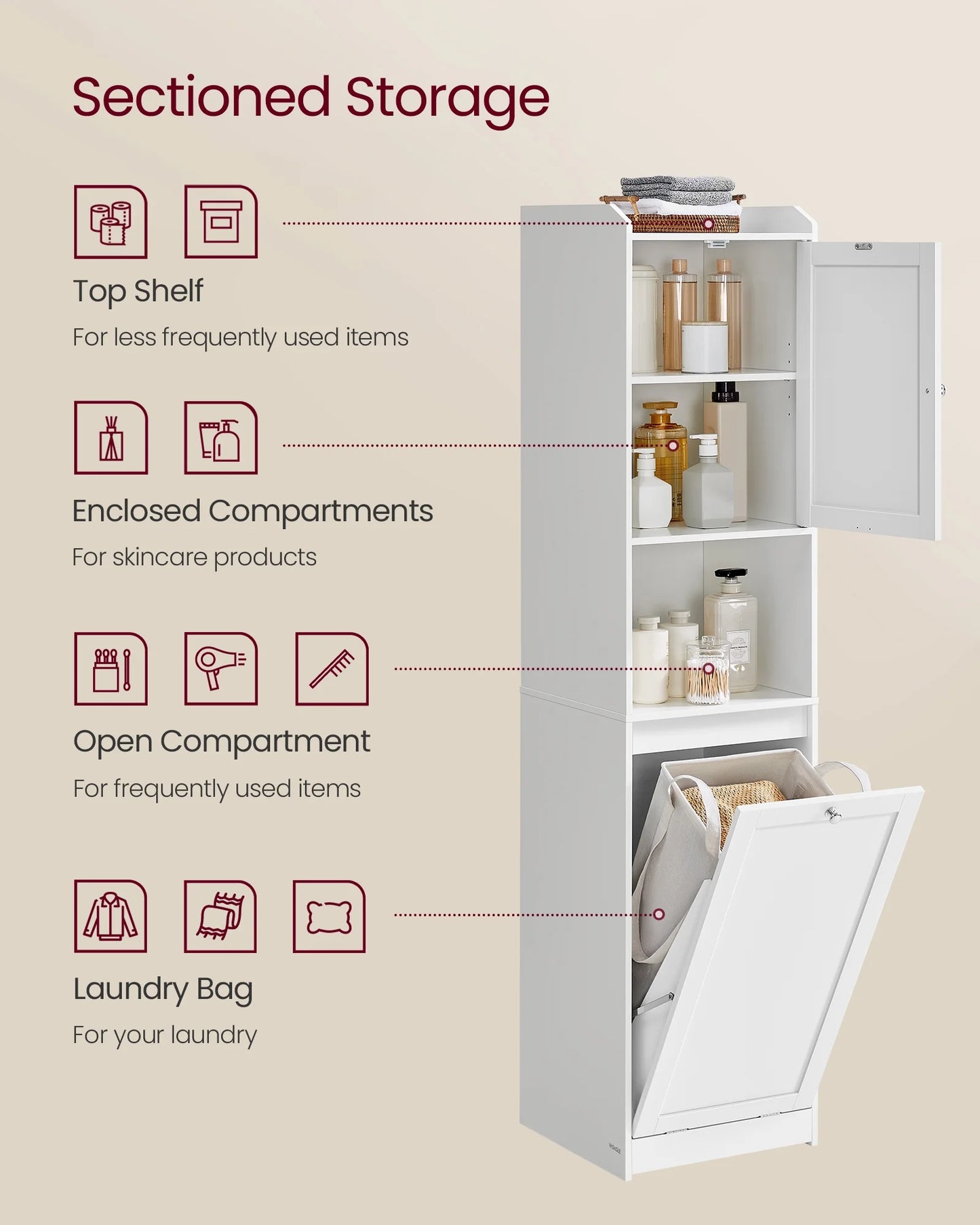 Multi-Functional Tall Bathroom Cabinet with Removable Laundry Basket and Adjustable Shelves - Organize Your Bathroom Efficiently