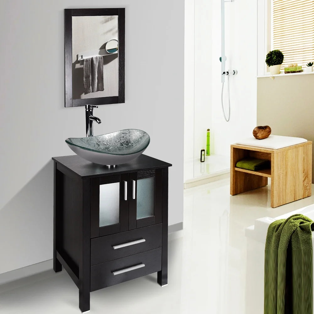 PULUOMIS Vessel Sink and Faucet Combo Bath Sinks with Mounting Ring and Pop Up Drain Round Bowl Basin Brown