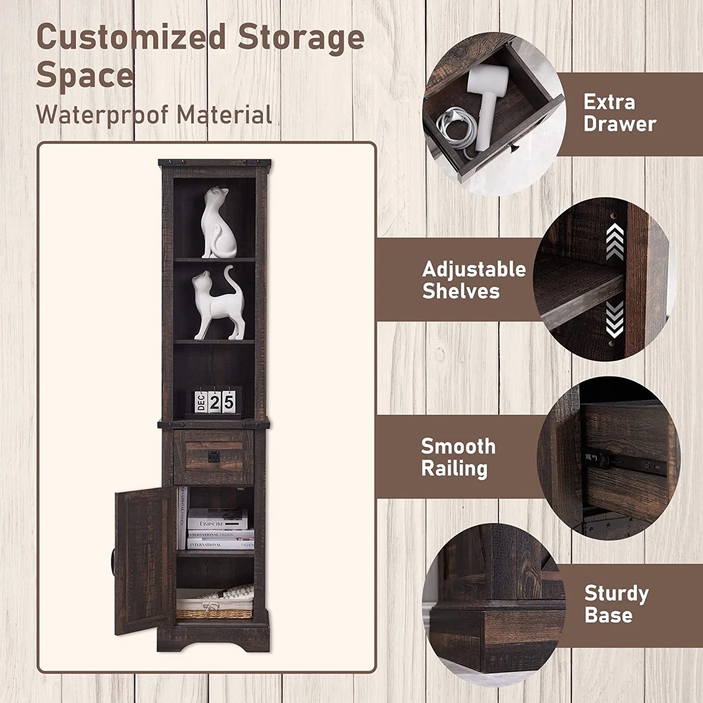 OKD 68" H Farmhouse Bathroom Storage Cabinet Organizer with Adjustable Shelves and Drawer, Dark Rustic Oak