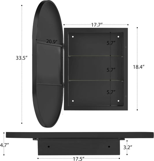 SogesHome Medicine Cabinet with Mirror, 21x34 Oval Mirror Cabinet, Wall Mount Recess Bathroom Vanity Mirror with Storage with 2 Adjustable Shelves, Perfect for Bathroom, Black