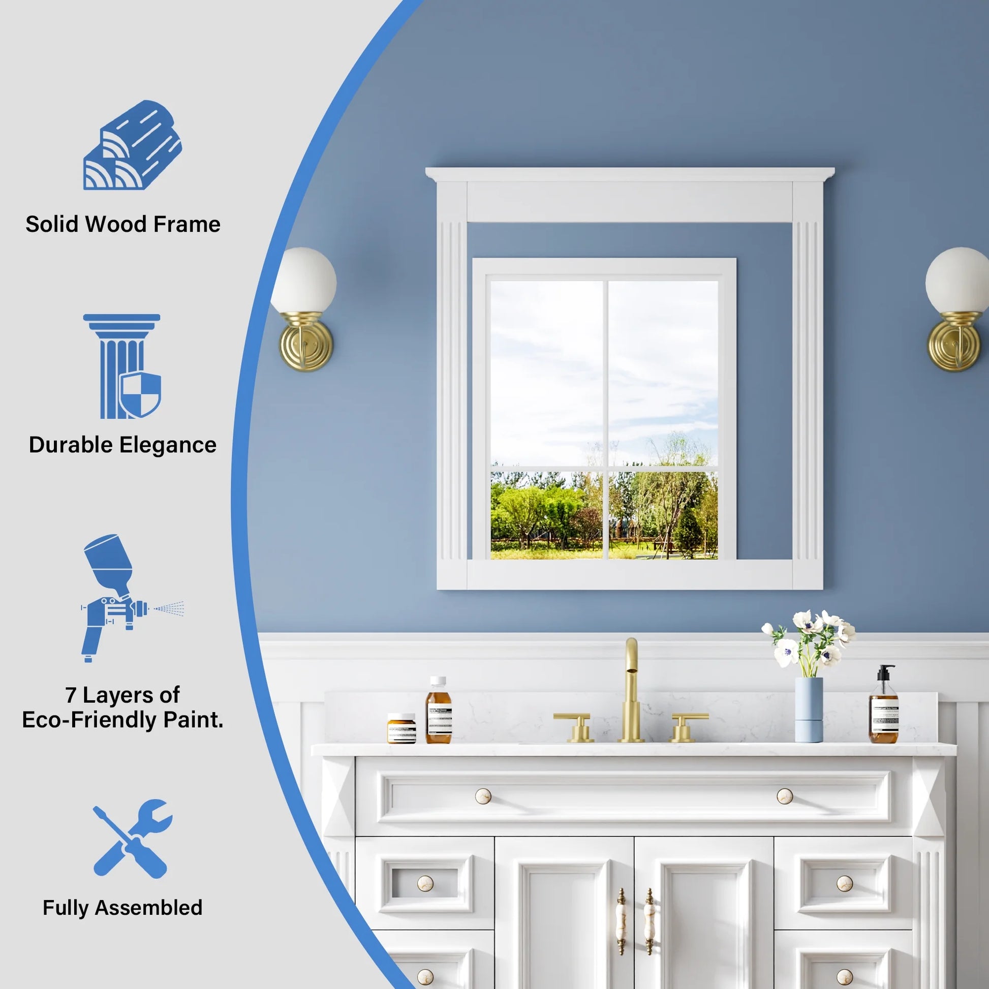 ANGELES HOME 33" x 32" Wall-Mounted Vanity Mirror, Solid Wooden Framed Makeup Mirror, Bathroom Wall Mirror for Bedroom Living Room Entryway, White