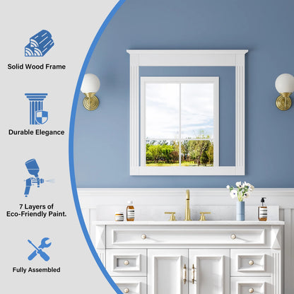 ANGELES HOME 33" x 32" Wall-Mounted Vanity Mirror, Solid Wooden Framed Makeup Mirror, Bathroom Wall Mirror for Bedroom Living Room Entryway, White