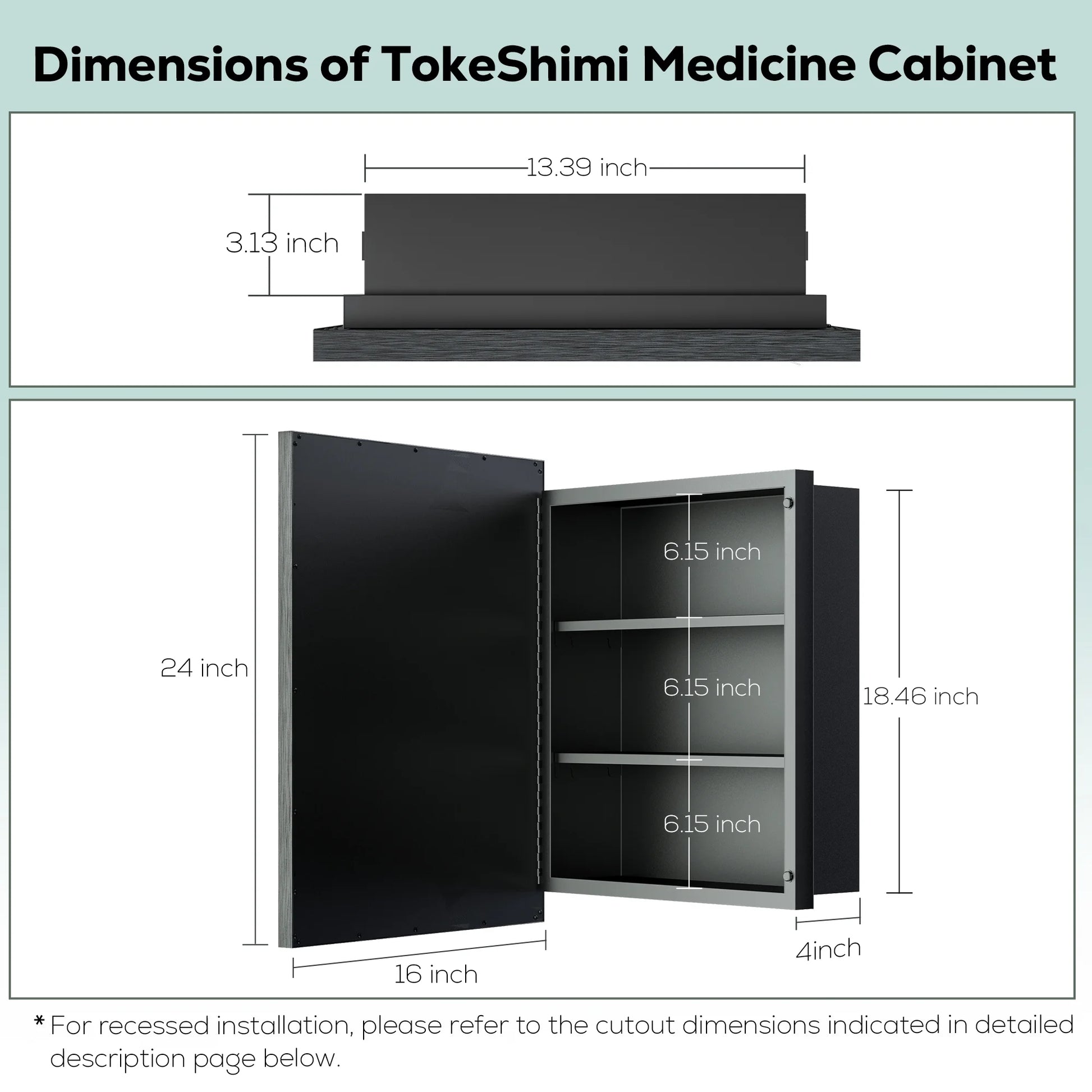 Keonjinn Bathroom Metal Framed Medicine Cabinets with Mirror, 16 x 24 inch Black Wall Cabinets, Rectangle Recessed/Wall Mounted Storage Cabinets