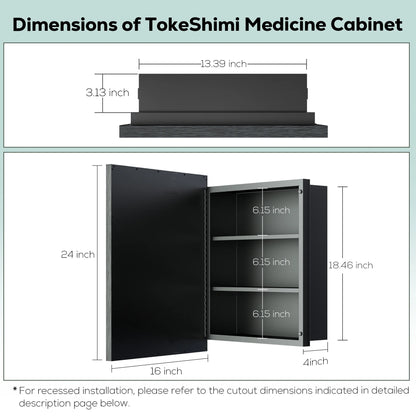 Keonjinn Bathroom Metal Framed Medicine Cabinets with Mirror, 16 x 24 inch Black Wall Cabinets, Rectangle Recessed/Wall Mounted Storage Cabinets