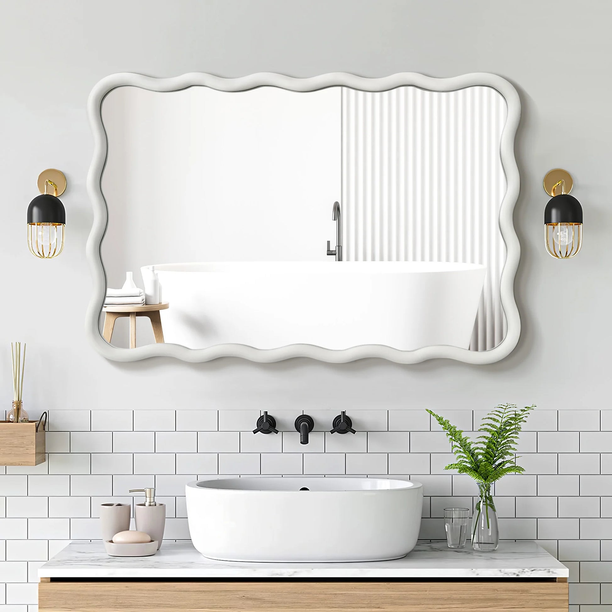 TEWLOSS Wavy Mirrors Wall Mirror, 30"x20" Bathroom Mirror Wood Framed, White