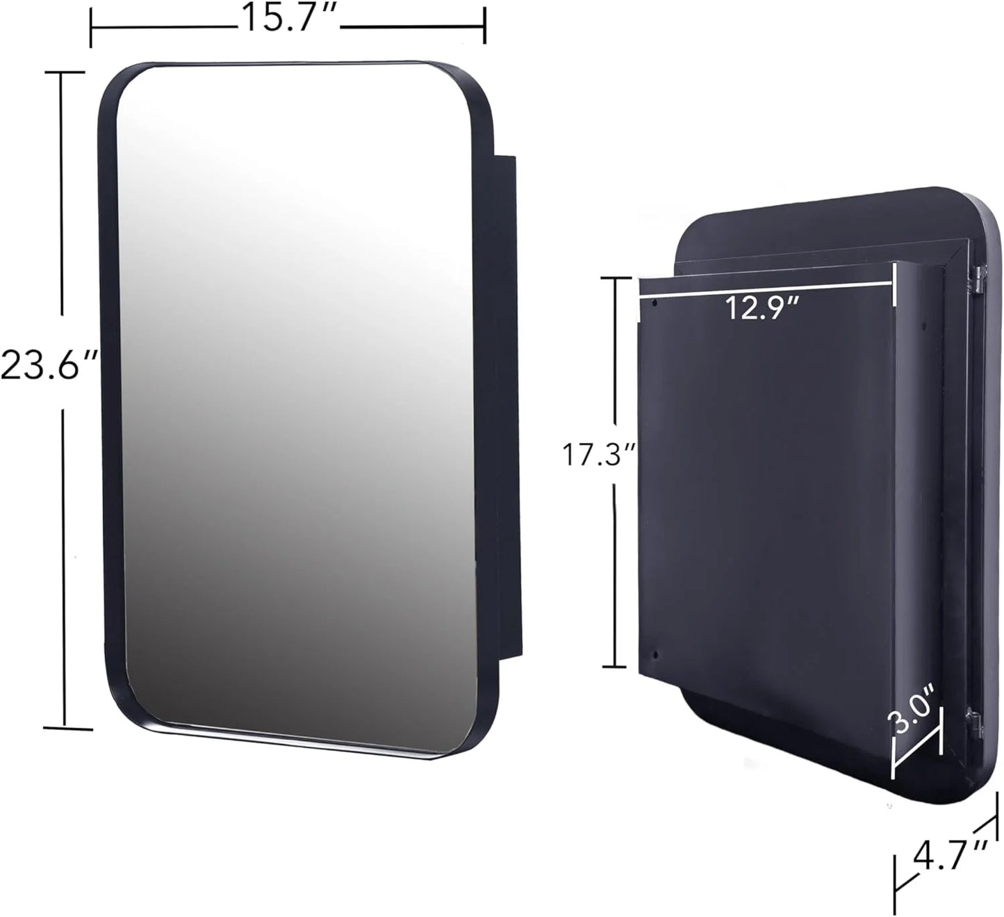 Bathroom Medicine Cabinet with Mirror,Recessed Round Corner Metal Framed Medicine Cabinet,Single Door Modern Storage Mirror Cabinet with Adjustable Shelves for Bathroom 15.74 x 23.6 Inch Matte Black