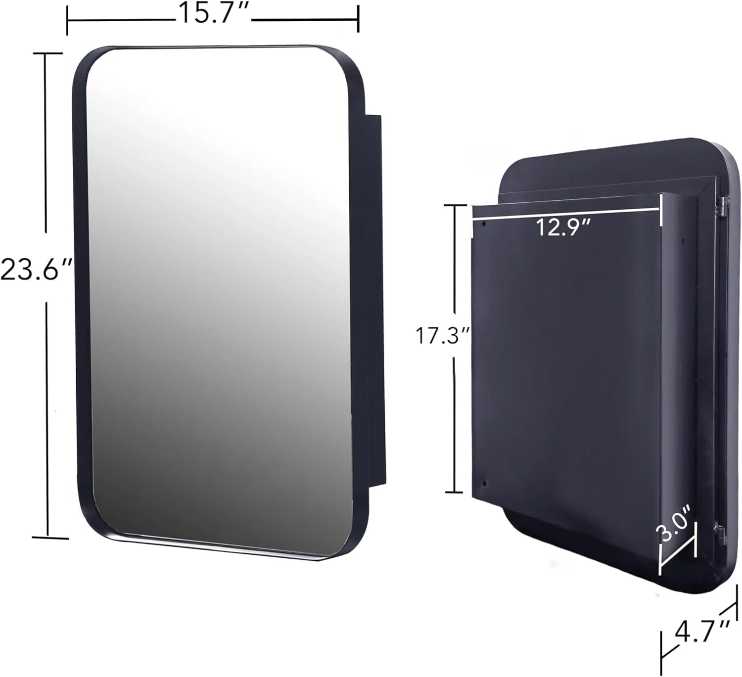 Bathroom Medicine Cabinet with Mirror,Recessed Round Corner Metal Framed Medicine Cabinet,Single Door Modern Storage Mirror Cabinet with Adjustable Shelves for Bathroom 15.74 x 23.6 Inch Matte Black