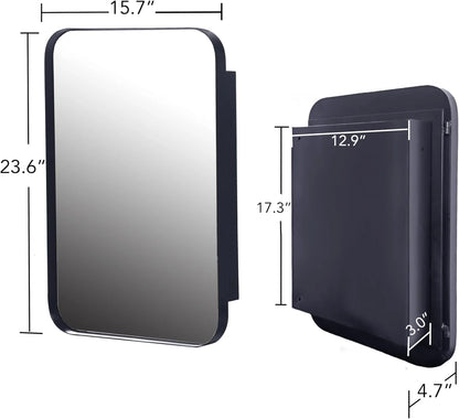 Bathroom Medicine Cabinet with Mirror,Recessed Round Corner Metal Framed Medicine Cabinet,Single Door Modern Storage Mirror Cabinet with Adjustable Shelves for Bathroom 15.74 x 23.6 Inch Matte Black