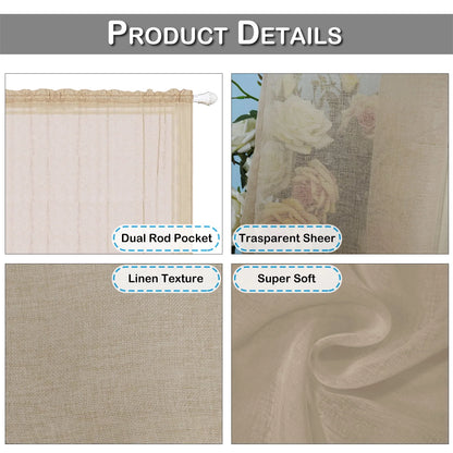 Lapalife 2 Panels Sheer Kitchen Curtains 36 inch Length Tier Curtains Rod Pocket Cafe Curtains Half Window Curtain for Bathroom Small Windows, Khaki