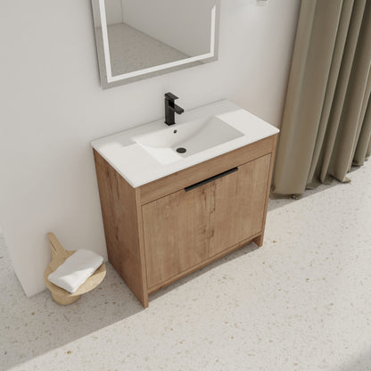 36 Inch Bathroom Vanity with White Ceramic Sink Combo, Large Storage Modern Freestanding Small Single Bath Vanity for Bathroom, Plain Light Oak