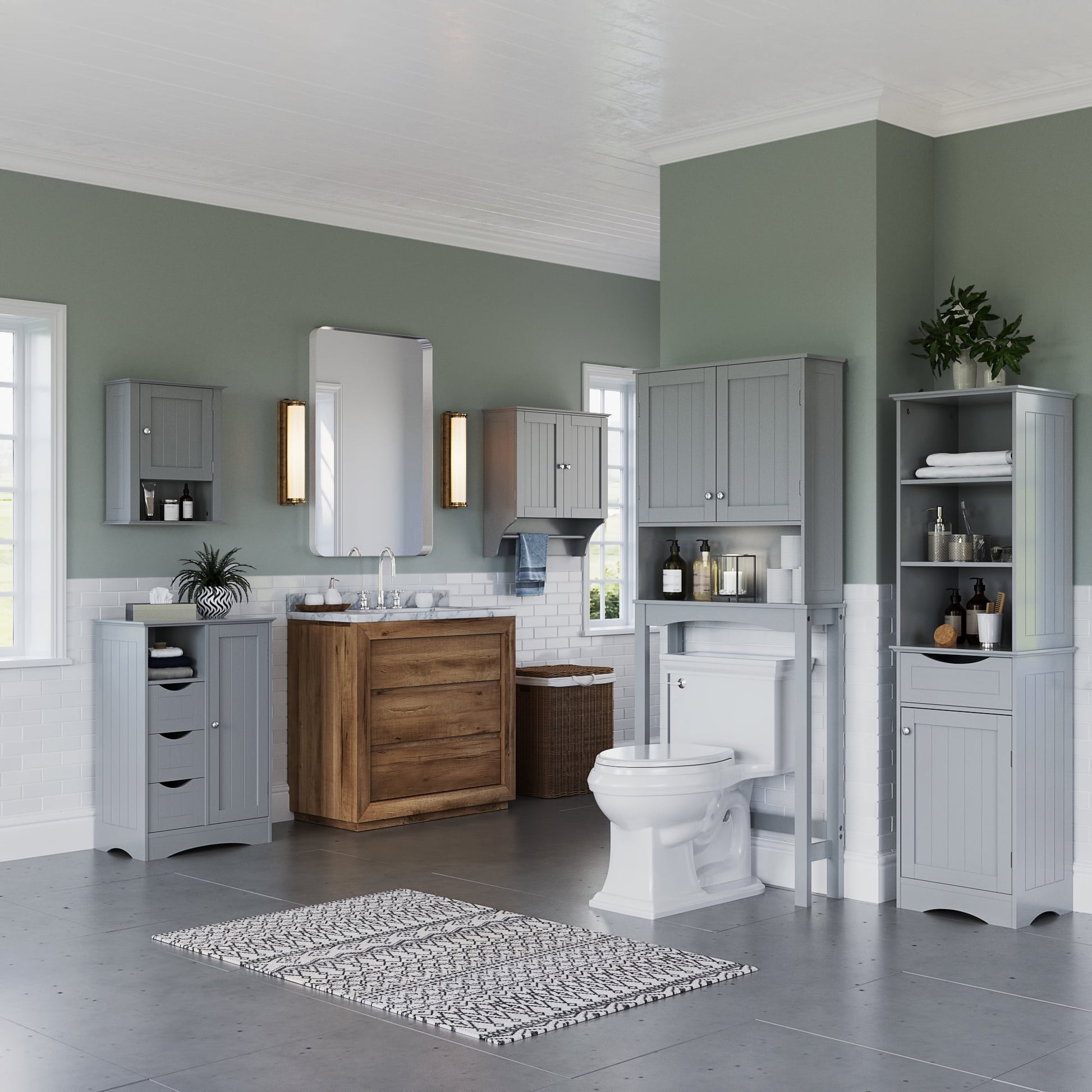 RiverRidge Ashland Tall Bathroom Storage Linen Cabinet Organizer with Drawer - Gray