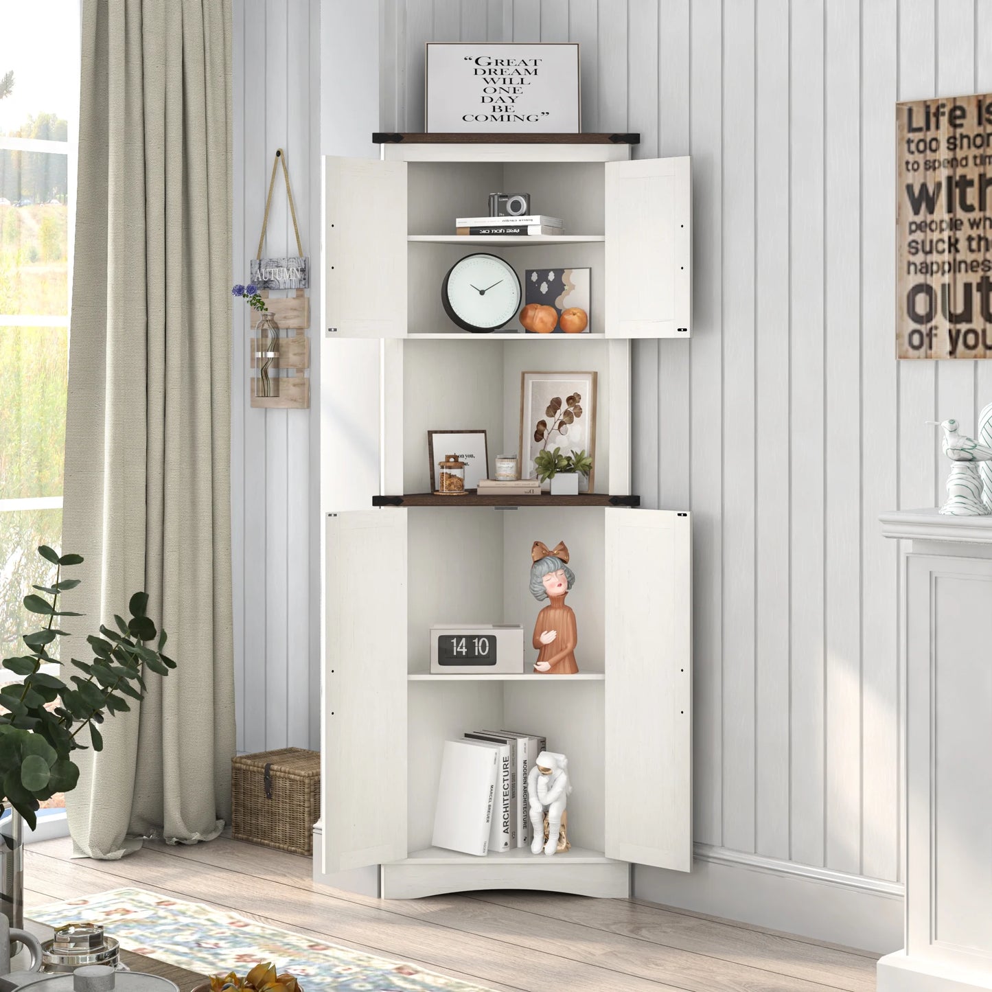 ChVans Farmhouse 68" Tall Corner Cabinet w/4 Barn Doors, 5 Tier Bookcase Storage Cabinet with Adjustable Shelves, Corner Storage Cabinet for Bathroom,Living Room,Kitchen, White-Brown
