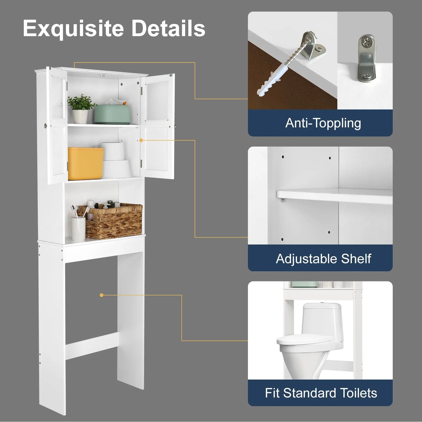 Ktaxon Over the Toilet Bathroom Storage Cabinet Space Saver with 2 Doors and 3 Storage Shelves, White Finish