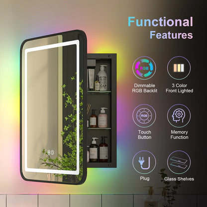 Hironpal Black Metal Framed Bathroom Mirror Medicine Cabinet Recess or Surface Mount Installation