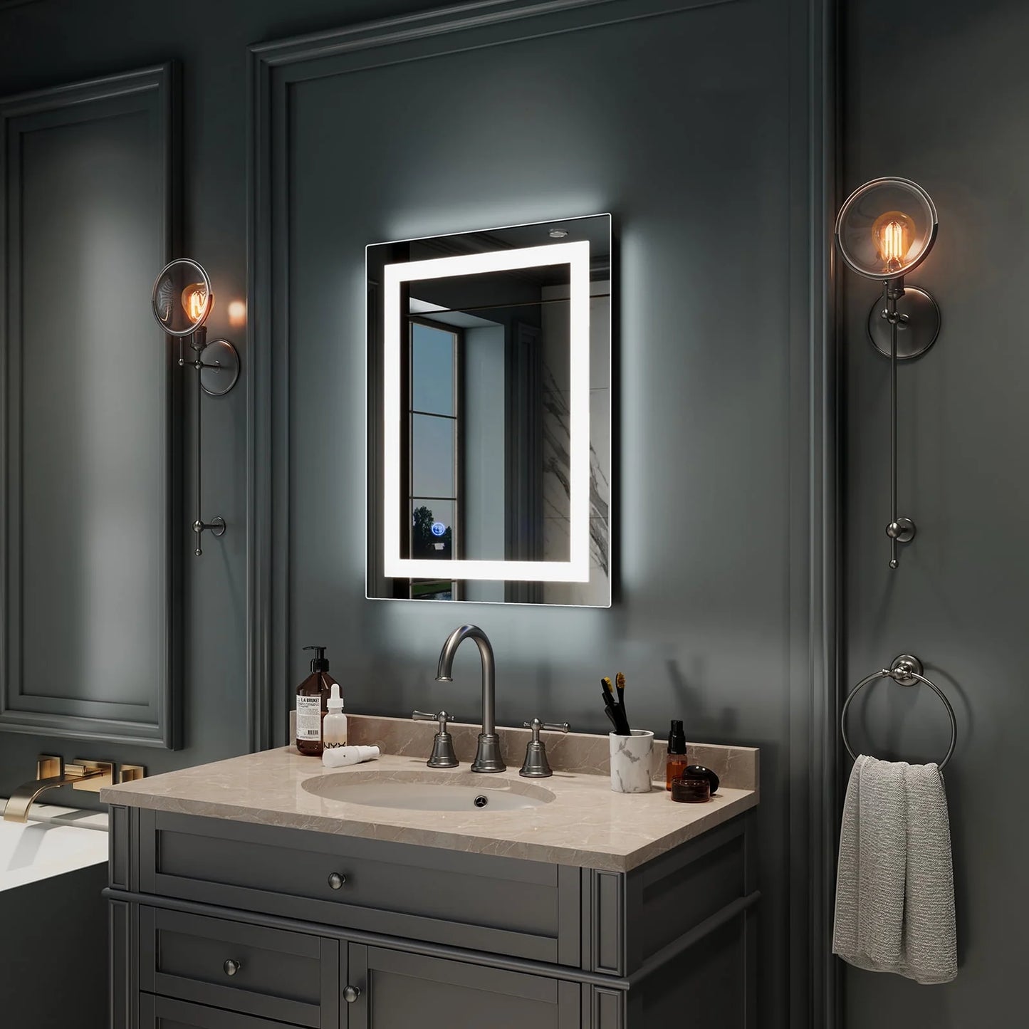 Ktaxon 28x20 inch LED Lighted Bathroom Mirror Silvered Wall Mounted Mirror with Touch Button,Anti Fog and IP67 Waterproof Square Mirror