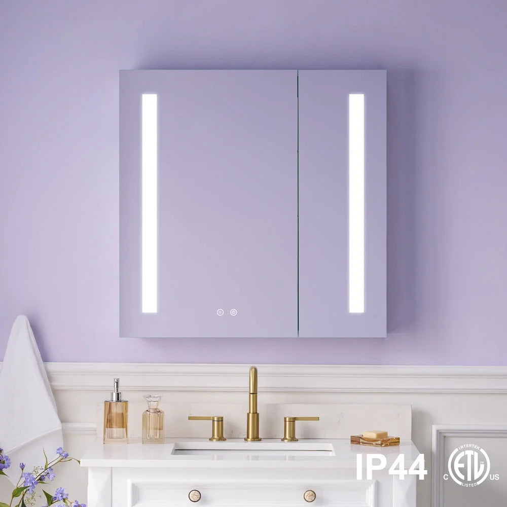 Forclover 30"x30" LED Mirror Medicine Cabinet for Bathroom with Defogger, Dimmer, Lights, Recessed or Surface Mount, Bathroom Cabinet with 3-tier Storage Shelves, Smart Touch, Anodized Aluminum