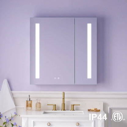 Forclover 30"x30" LED Mirror Medicine Cabinet for Bathroom with Defogger, Dimmer, Lights, Recessed or Surface Mount, Bathroom Cabinet with 3-tier Storage Shelves, Smart Touch, Anodized Aluminum