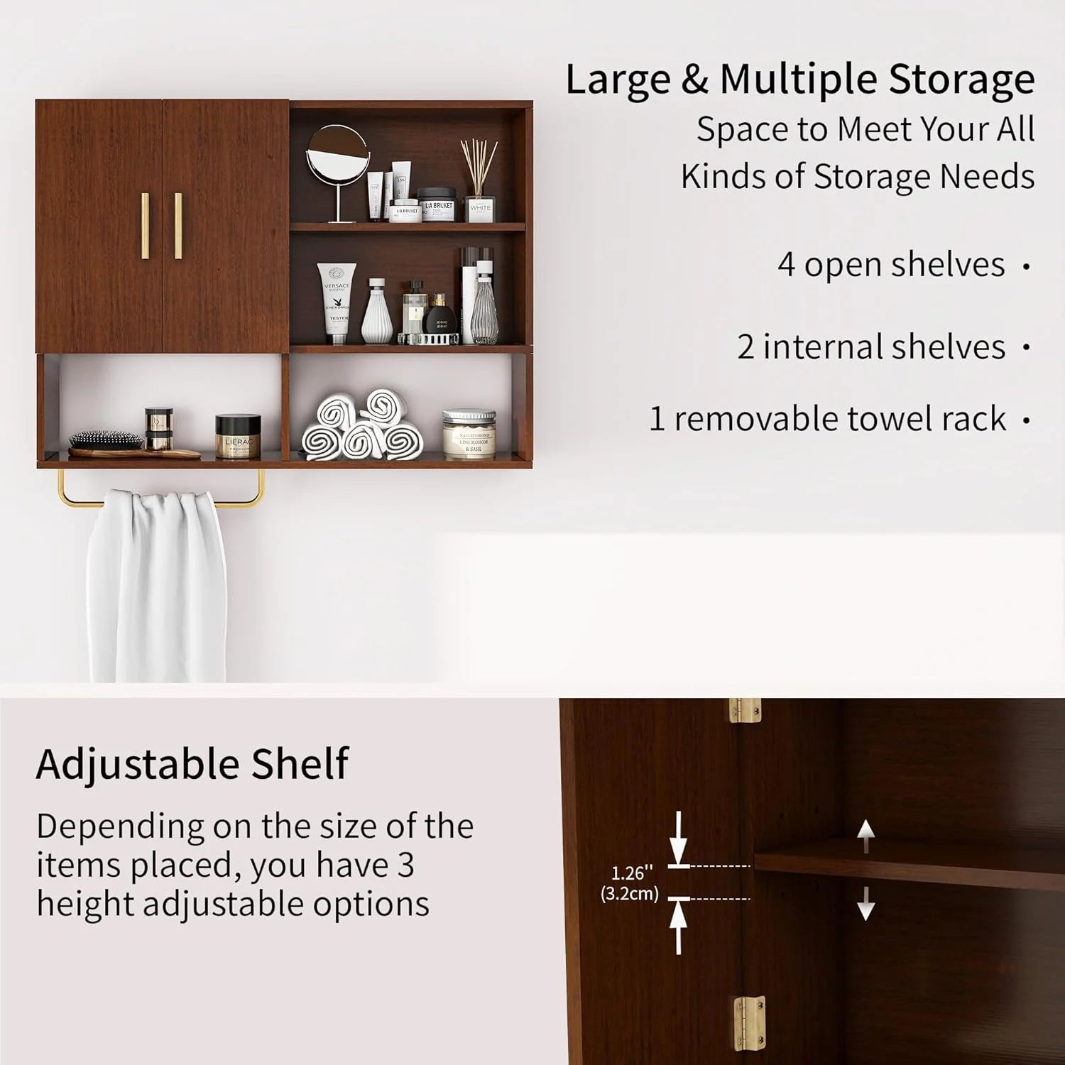 Bathroom Wall Cabinet Solid Wood Large Wall Mounted Medicine Cabinet with 2 Doors and 4 Open Shelves Over Toilet Storage Cabinet with Towel Bar (White)