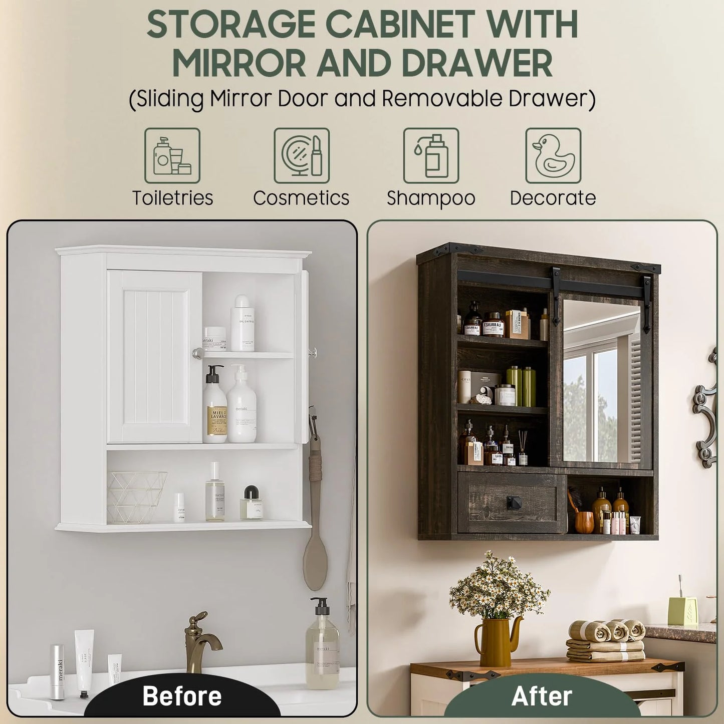Vabches Farmhouse Bathroom Wall Storage Cabinet with Sliding Mirror Door, Adjustable Shelves, Over The Toilet Storage, Dark Rustic Oak