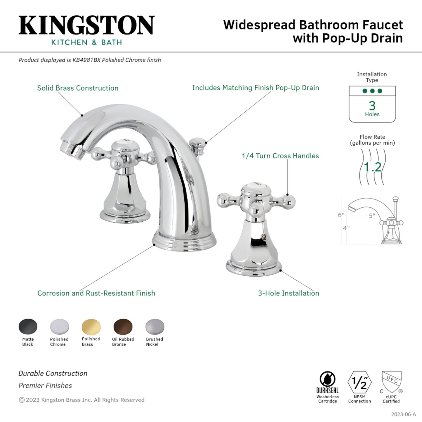 Kingston Brass KB4988BX Metropolitan Widespread Bathroom Faucet with Pop-Up Drain, Brushed Nickel