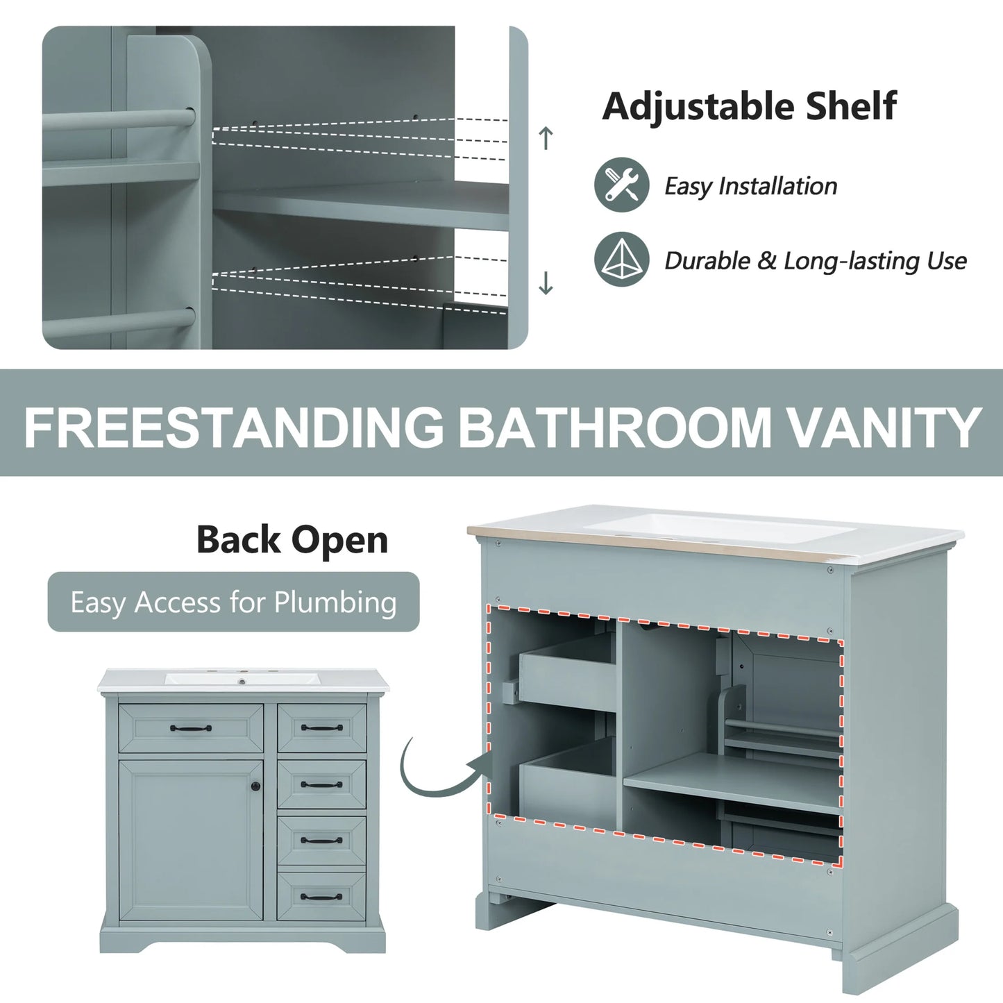 Christopher Knight Home 36" Bathroom Vanity with Sink, Tip-out Drawers, Soft-Close Doors, Grey