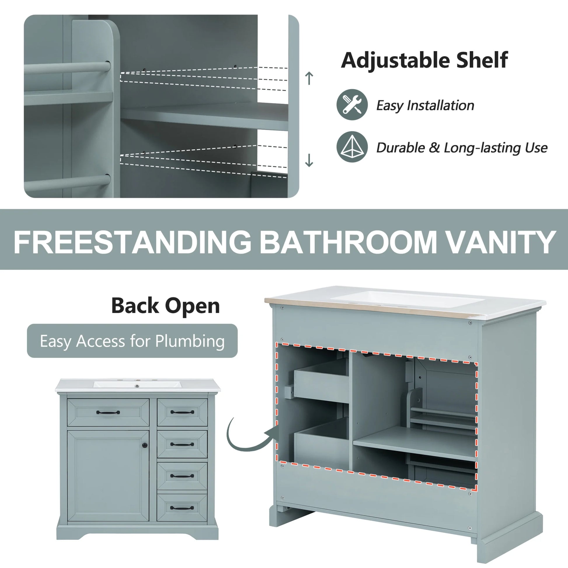 Christopher Knight Home 36" Bathroom Vanity with Sink, Tip-out Drawers, Soft-Close Doors, Grey