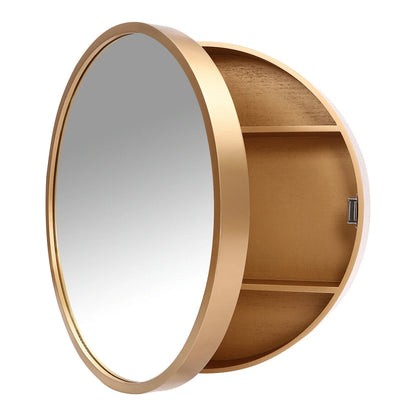 Mirror Cabinet Round Vanity Mirror Wood Frame Wall Cabinet with 3 Shelves for Bathroom