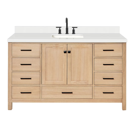 ARIEL Cambridge 61 Inch Single Rectangle Sink Bathroom Vanity With Pure White Quartz Countertop 1.5 Inch Edge In Oak