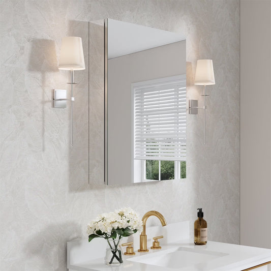 24" x 30" Bi-View Medicine Cabinet with Mirror, Surface Mount or Recessed Mirror Medicine Cabinet for Bathroom, Anodized Chrome Aluminum Frame, Bathroom Mirror Cabinet with Storage Right Open