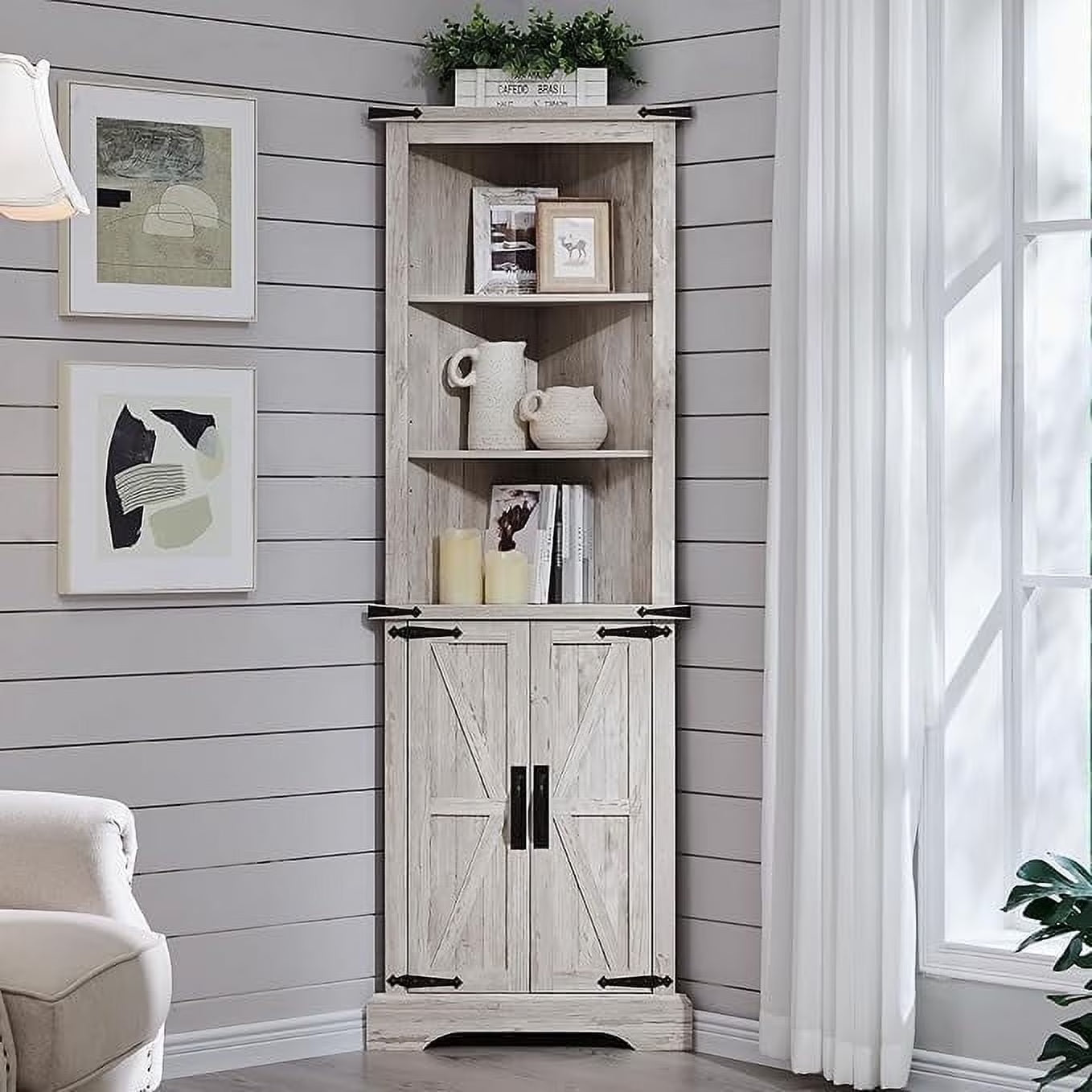 OKD Farmhouse Tall Corner Cabinet with Barn Door & Adjustable Shelves, 68" Rustic Wood Corner Cabinet with Storage Cabinet for Bathroom, Kitchen, Antique White