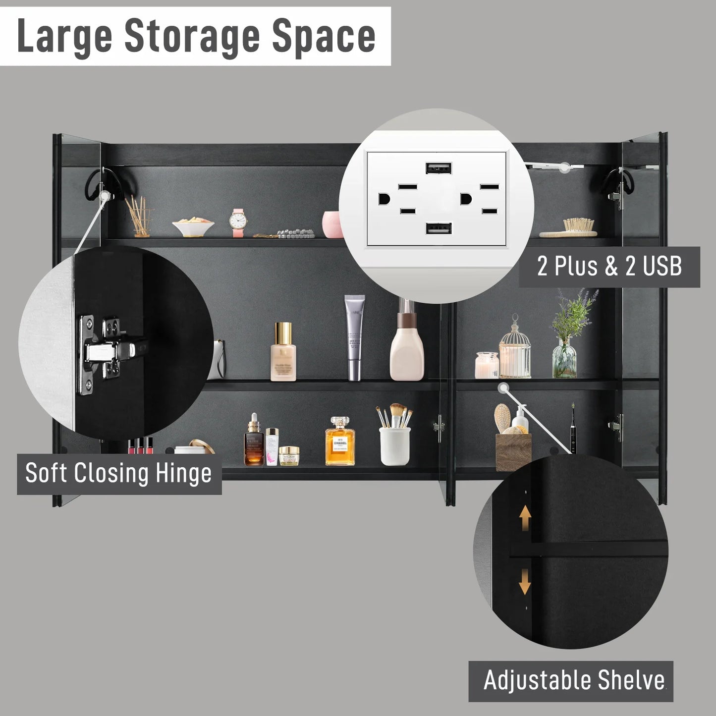 Ktaxon 48"x28" LED Bathroom Mirror Cabinet with Lights, Wall-Mounted Medicine w/ Defogger, Dimmable, Memory function, Outlets & USB, White