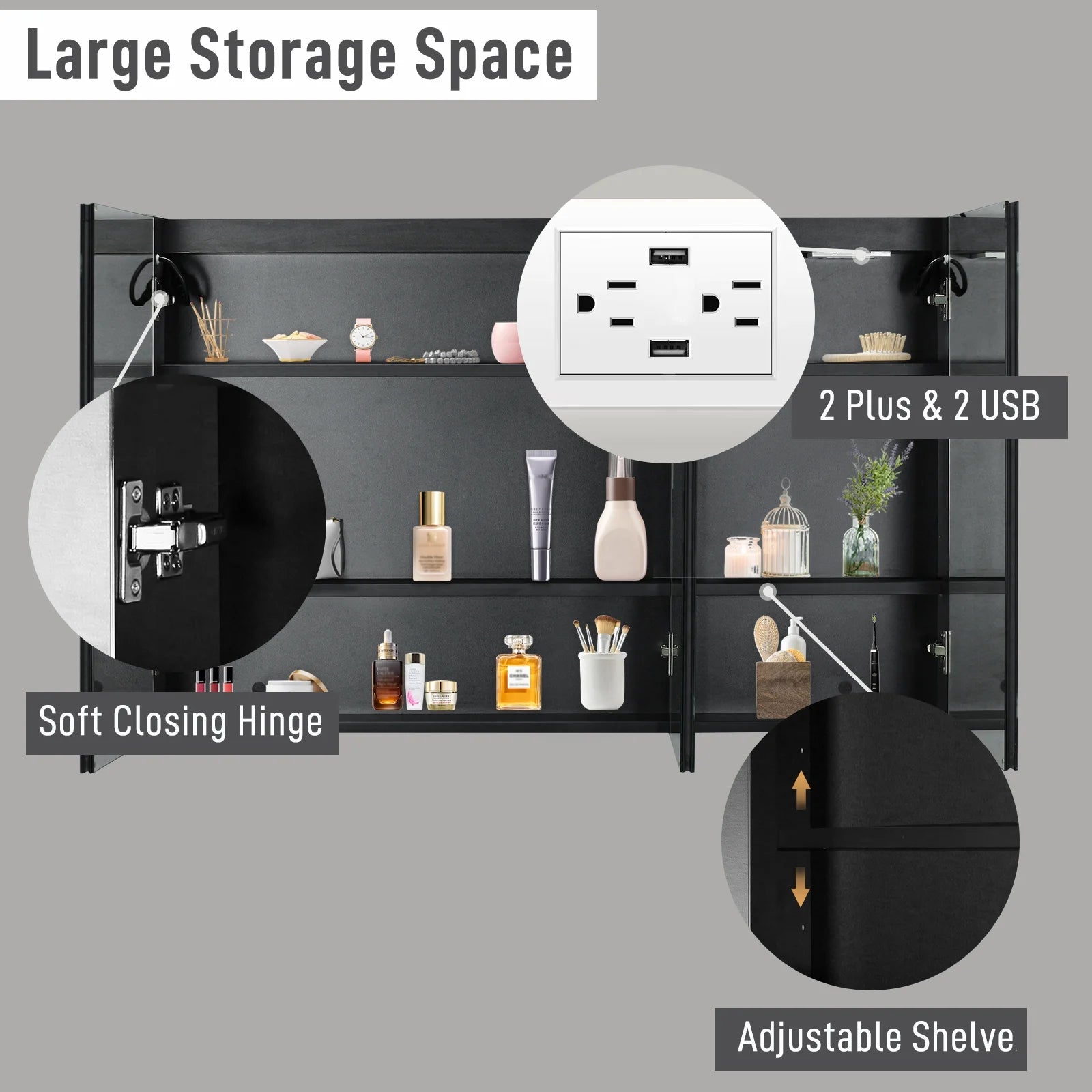Ktaxon 48"x28" LED Bathroom Mirror Cabinet with Lights, Wall-Mounted Medicine w/ Defogger, Dimmable, Memory function, Outlets & USB, White