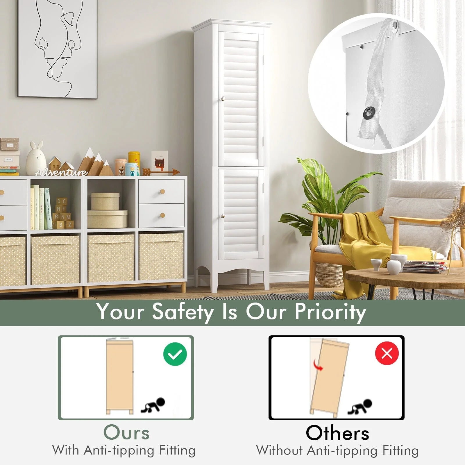 Vicamelia Bathroom Floor Cabinet Narrow Linen Tower w/ 2 Doors & Adjustable Shelf, Tall Kitchen Pantry Cabinet, White