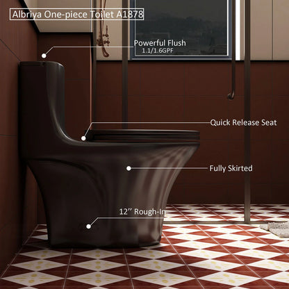 Albriya A1878 Modern One Piece Toilet, Standard Bathroom Toilet Power Dual Flush 1.1/1.6 GPF with Comfortable Seat ADA Height 16 1/2’�? 12’�?Rough-In, MaP 1000g, Glossy White