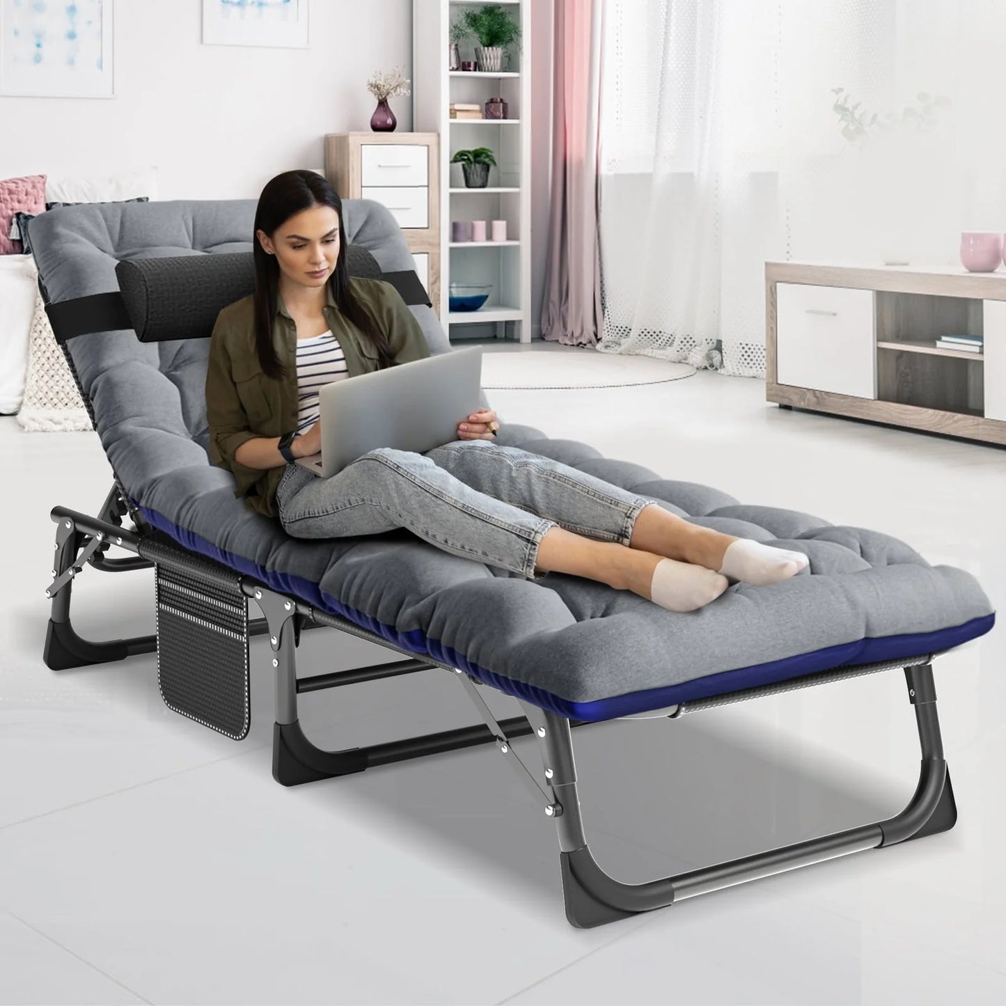 MOPHOTO 75" Adult Camping Cot Folding Cot, Portable Heavy Duty Adjustable 4-Position Sleeping Bed, Outdoor Patio Folding Lounge Chair for Sunbathing with Mattress