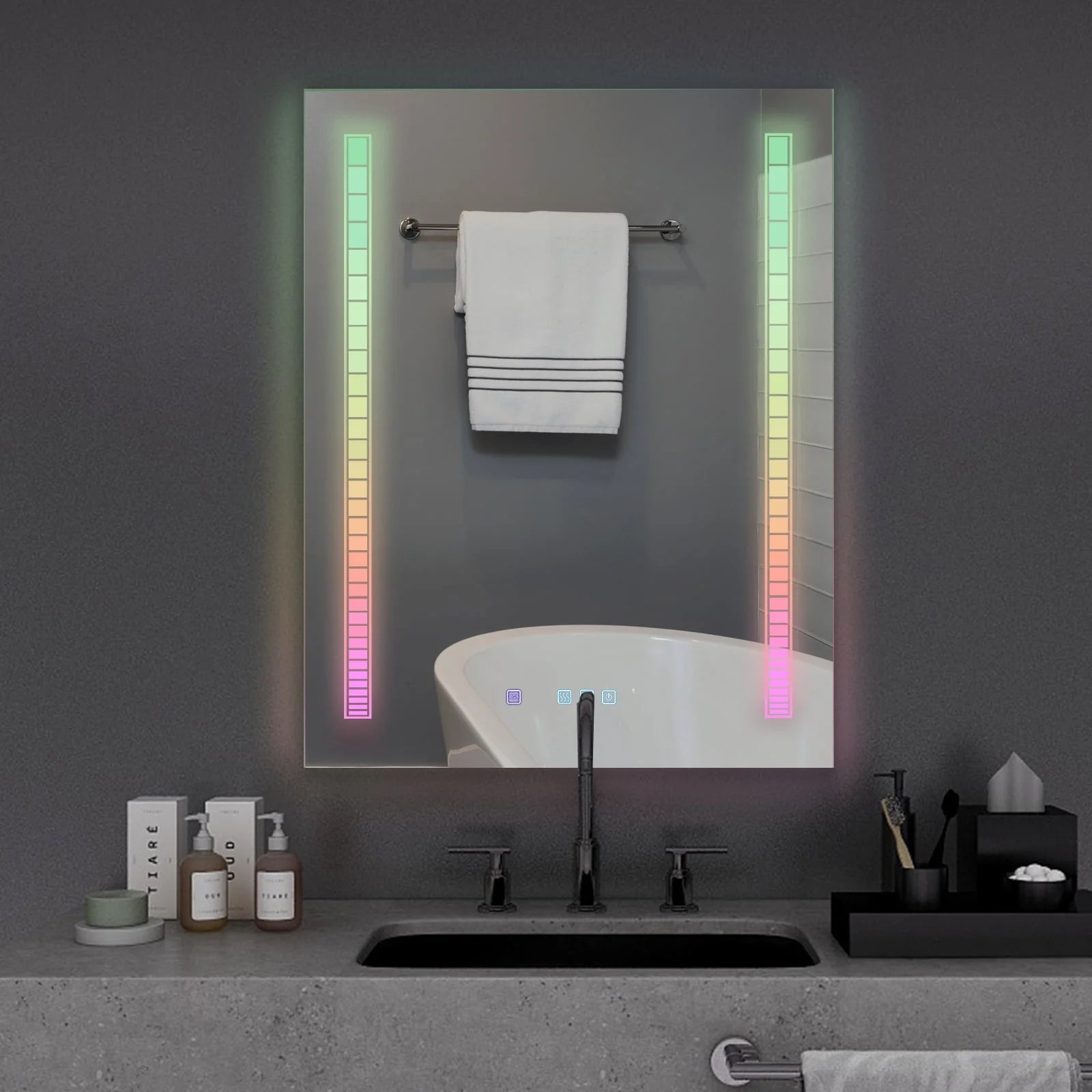 Ktaxon RGB LED Bathroom Mirror, Wall-Mounted Vanity Mirror with Lights, Wall Mirror Hanging Mirror with Anti-Fog Dimmable, Power-Off Memory, 36"x28" Silver