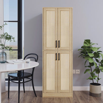 BOCVKENN Storage Cabinet - Kitchen Pantry Cabinet, Tall Pantry Storage Cabinet Freestanding with 4 Rattan Doors and Adjustable Shelves, Cupboard Cabinet for Dining Living Room, Laundry, Bathroom
