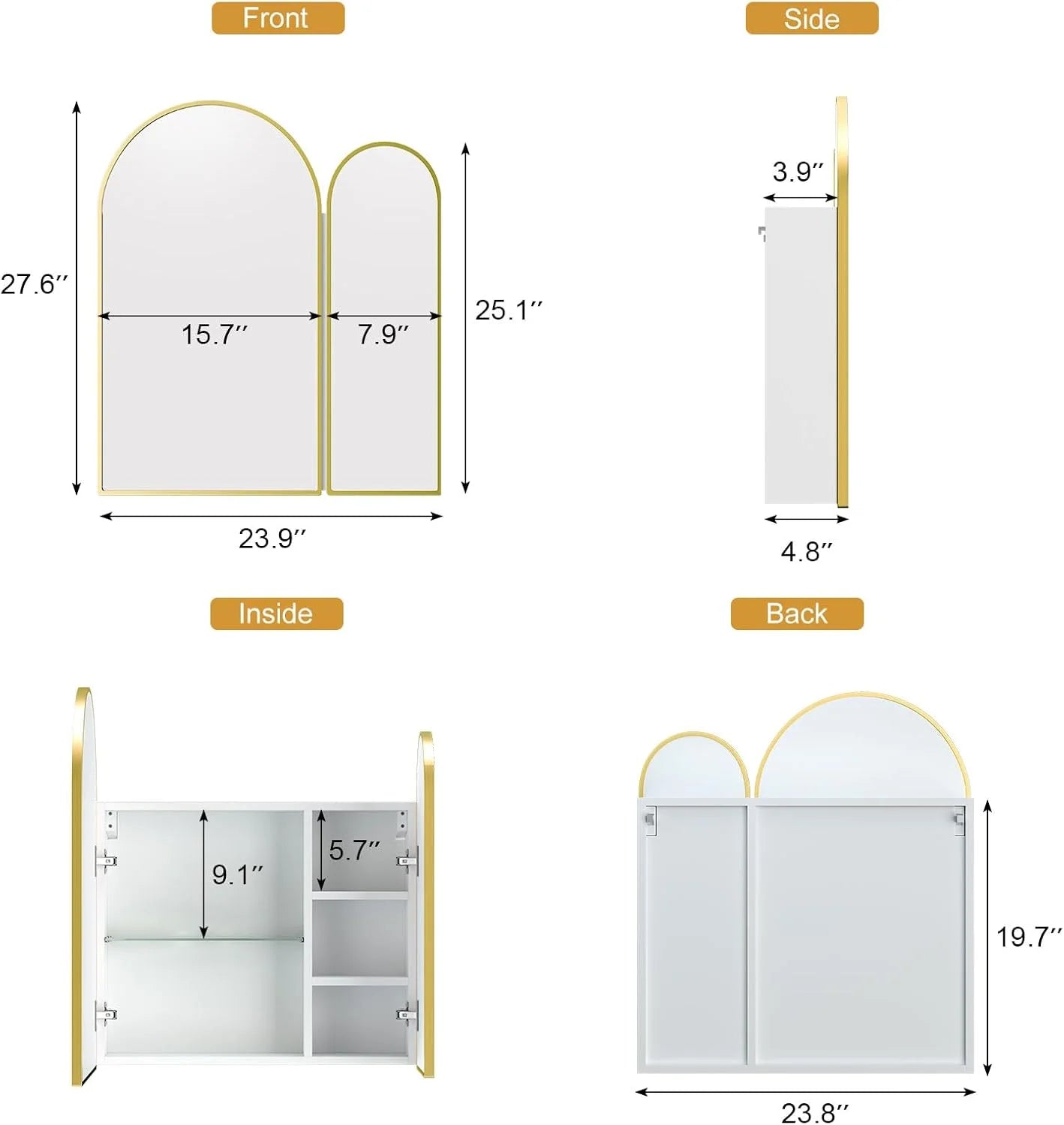 Black Arched Medicine Cabinet with Mirror,Black Medicine Cabinet with 2 Doors,Bathroom Medicine Cabinets Mirror Wall Mounted,24x28Inch
