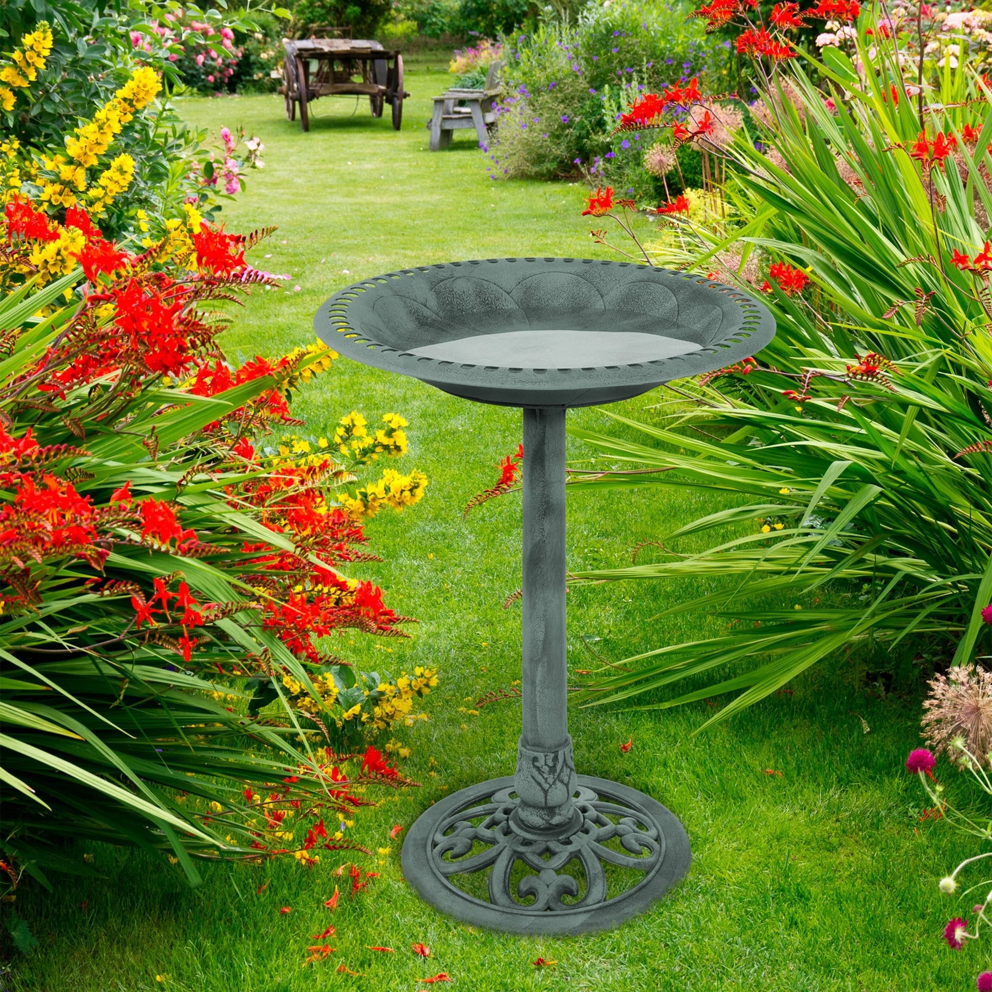 Antique Bird Bath- Weather Resistant Resin Birdbath with Vintage Scroll Design, 3 Ground Stakes for Garden,Outdoor Decor by Pure Garden (Patina Green)