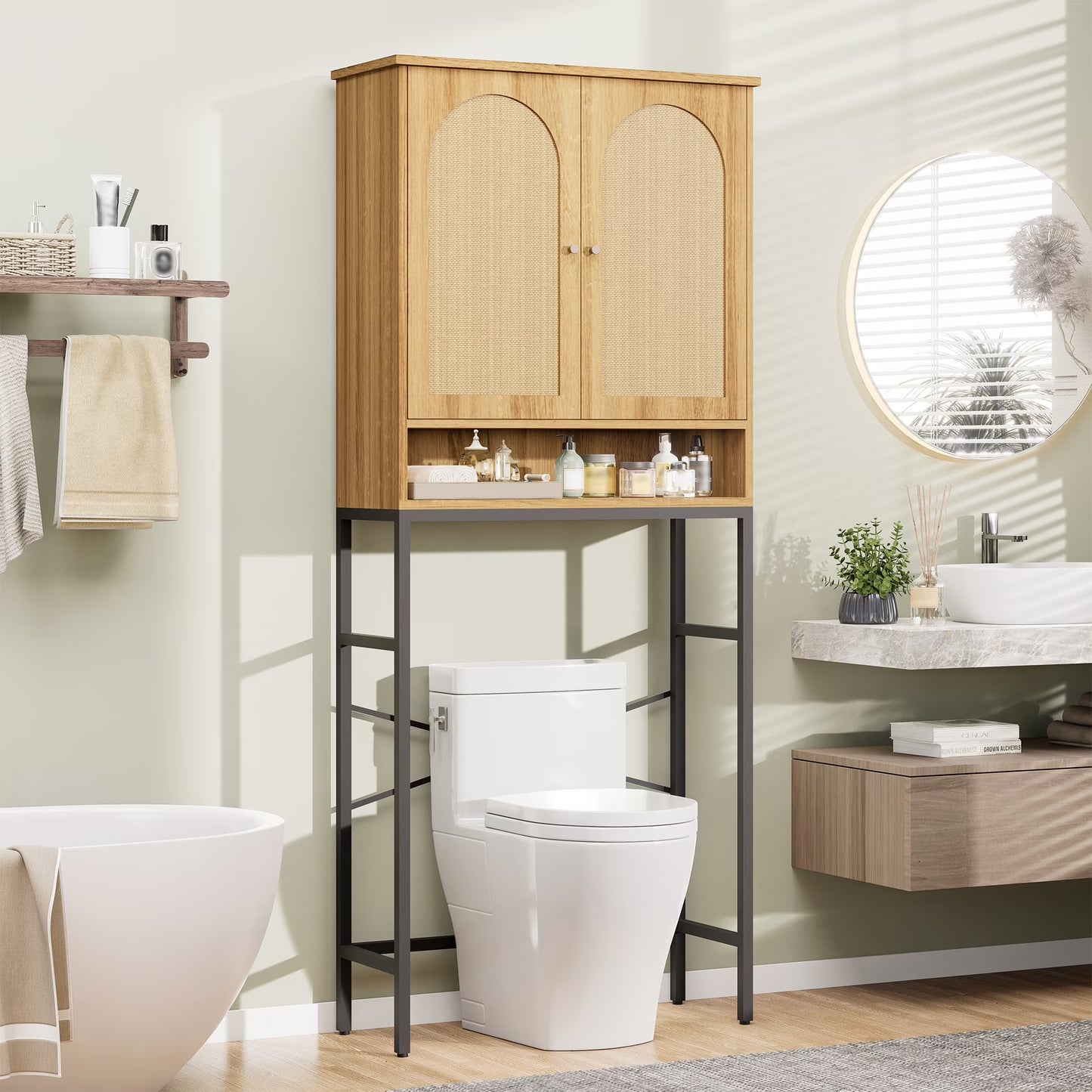VEANERWOOD Rattan Over The Toilet Storage Cabinet, Bathroom Space-Saving Toilet Rack with Cupboard Metal Stand & Adjustable Shelf, Space Saver