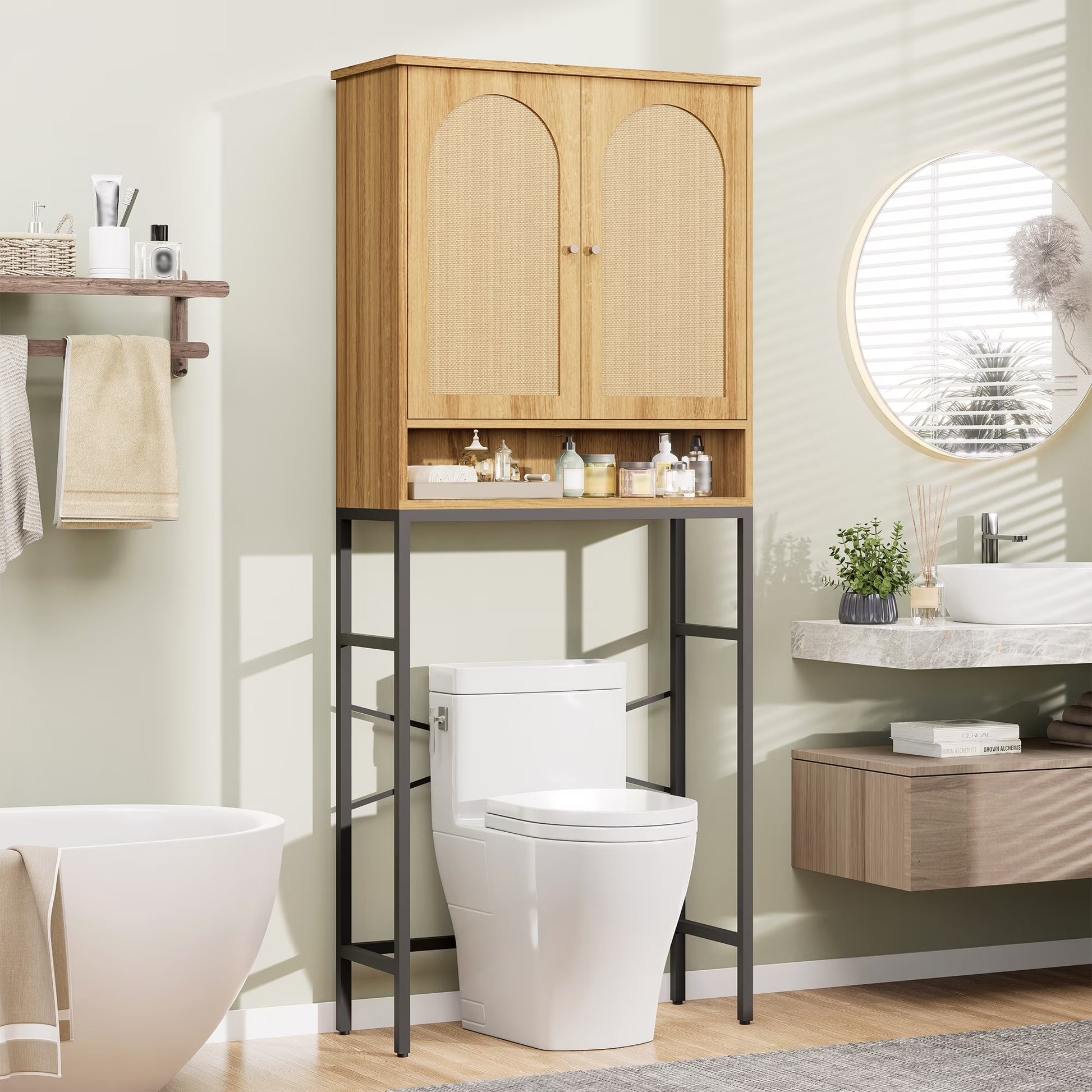 VEANERWOOD Rattan Over The Toilet Storage Cabinet, Bathroom Space-Saving Toilet Rack with Cupboard Metal Stand & Adjustable Shelf, Space Saver