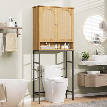 VEANERWOOD Rattan Over The Toilet Storage Cabinet, Bathroom Space-Saving Toilet Rack with Cupboard Metal Stand & Adjustable Shelf, Space Saver